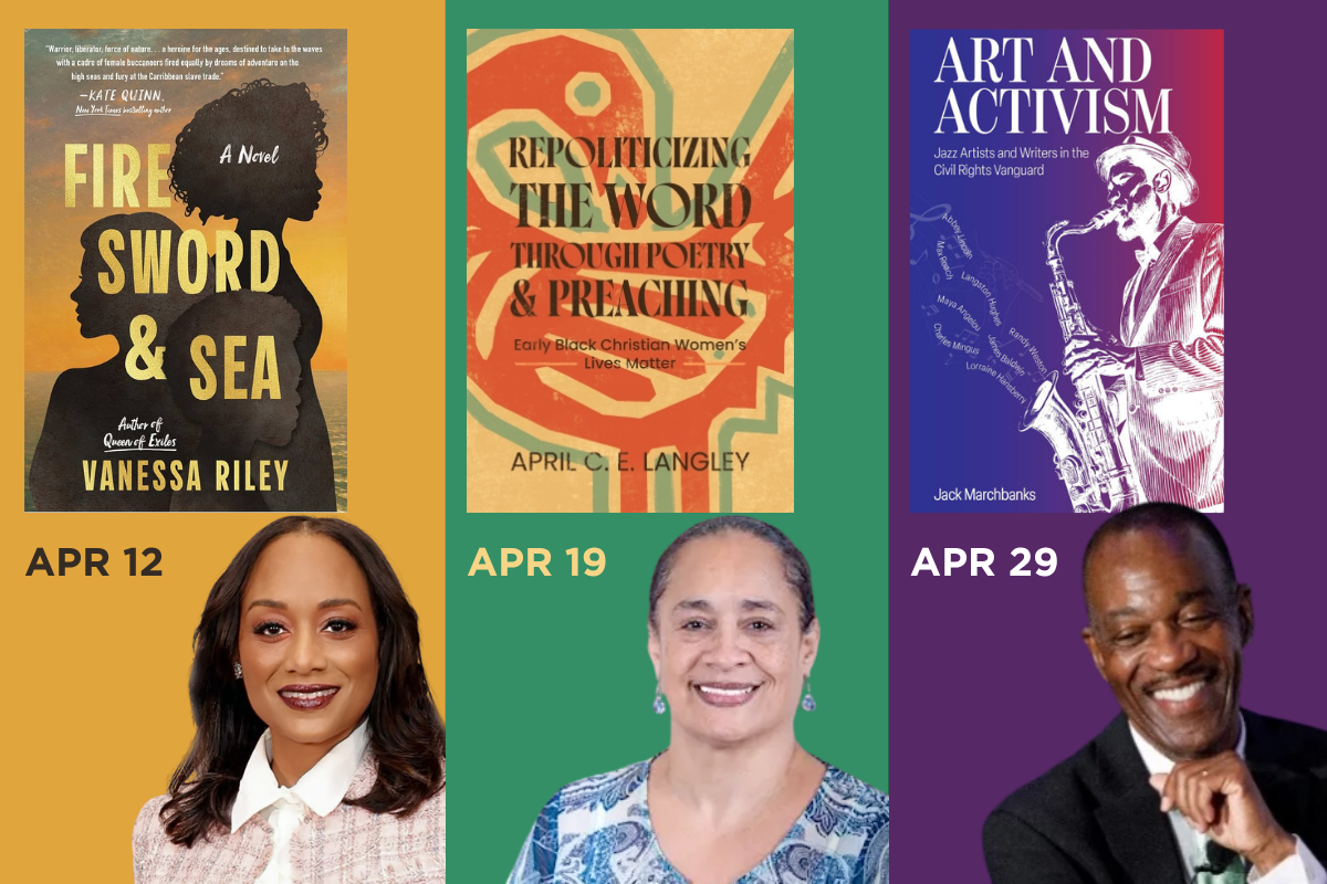 Upcoming authors include Vanessa Riley (April 12), April C. E. Langley (April 19), and Jack Marchbanks (April 29).