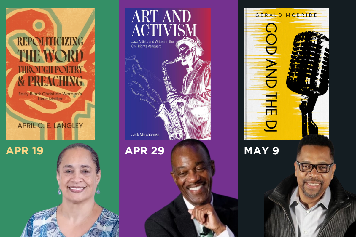 Upcoming authors include April C. E. Langley (April 19), Jack Marchbanks (April 29), and Gerald McBride (May 9)