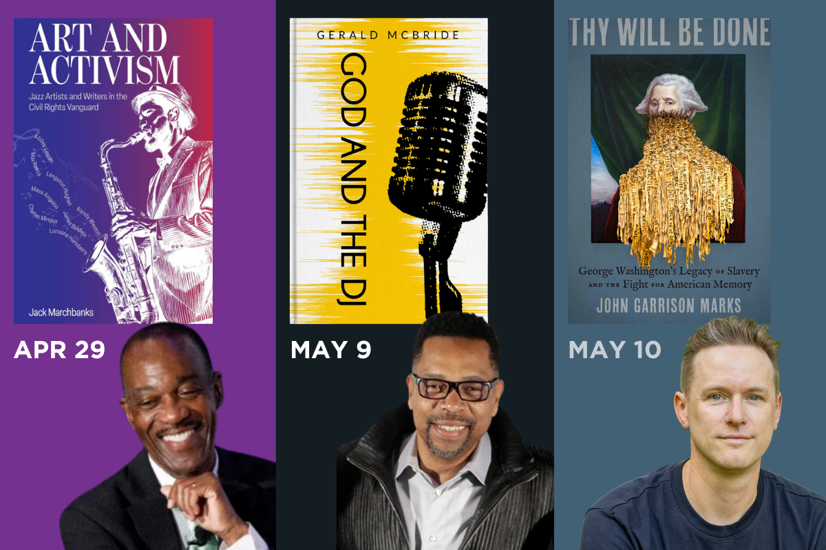 Upcoming authors include Jack Marchbanks (April 29), Gerald McBride (May 9), and John Garrison Marks (May 10)