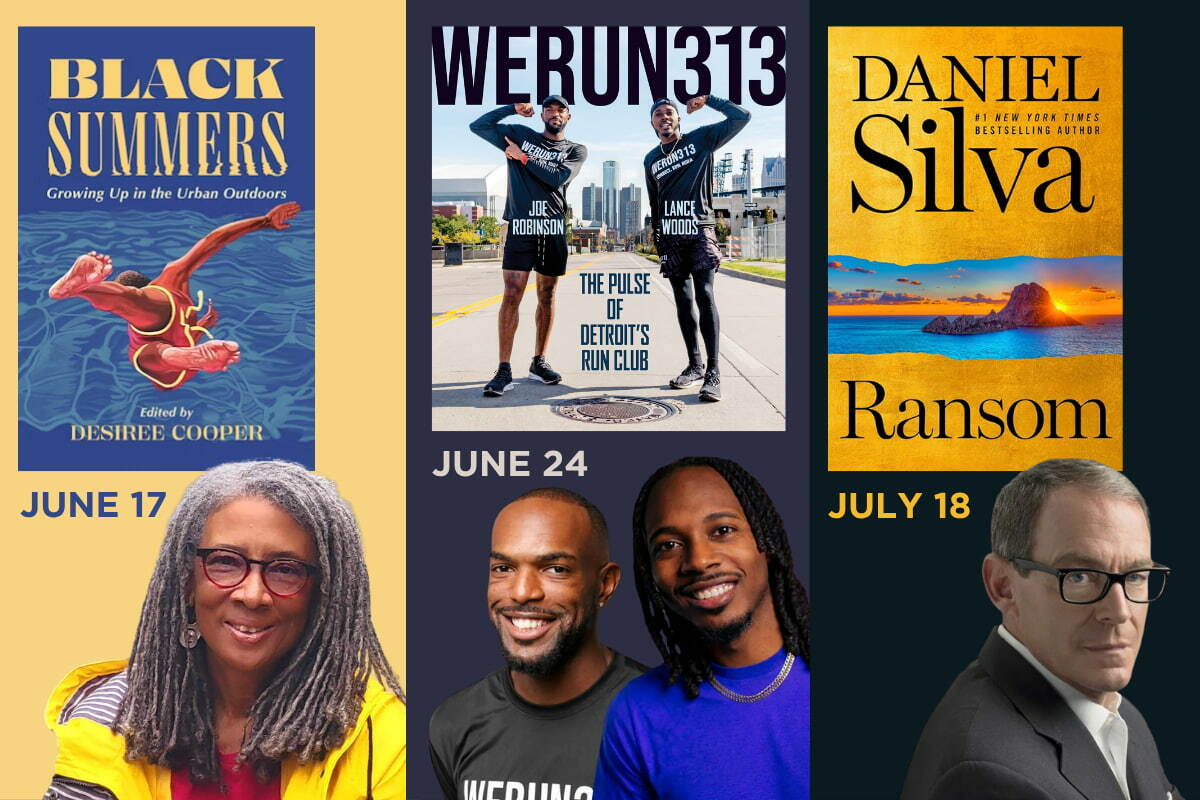 Upcoming authors include Desiree Cooper (June 17), Joe Robinson and Lance Woods (June 24), and Daniel Silva (July 18)