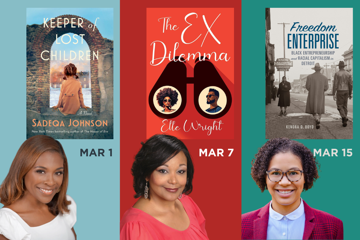 Upcoming authors include Saqeda Johnson (March 1), Elle Wright (March 7), and Kendra D Boyd (March 15).
