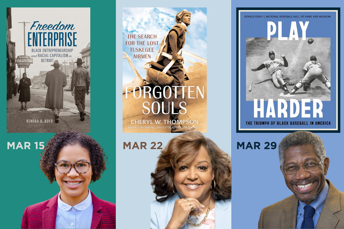 Upcoming authors include Kendra D Boyd (March 15), Cheryl W Thompson (March 22), and Gerald Early (March 29)