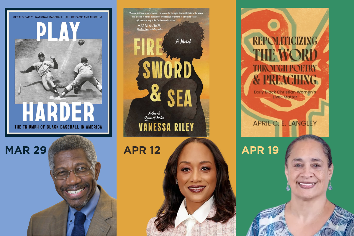 Upcoming authors include Gerald Early (March 29), Vanessa Riley (April 12), and April C. E. Langley (April 19)