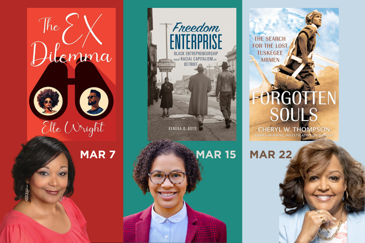 Upcoming authors include Elle Wright (March 7), Kendra D Boyd (March 15), and Cheryl W Thompson (March 22)
