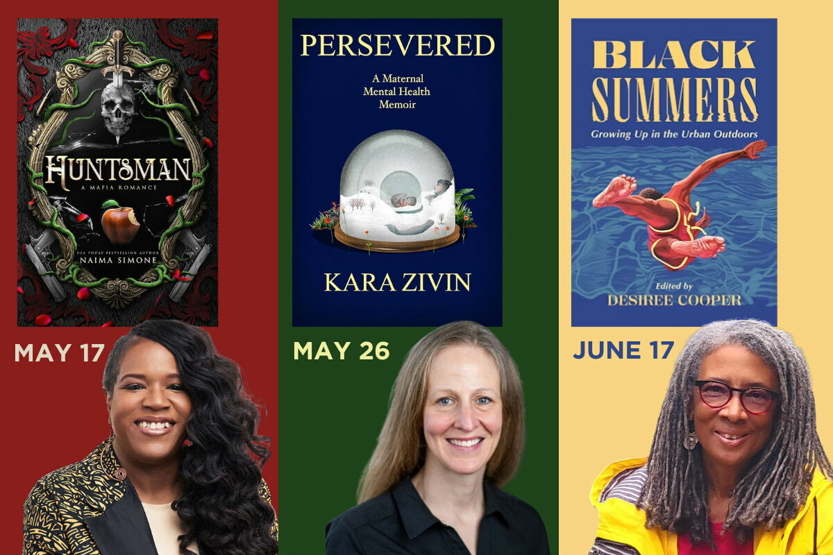 Upcoming authors include Naima Simone (May 17), Kara Zivin (May 26), and Desiree Cooper (June 17).