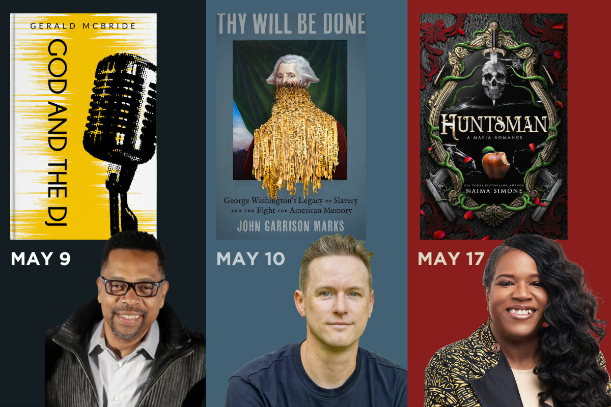 Upcoming authors include Gerald McBride (May 9), John Garrison Marks (May 10), and Naima Simone (May 17).