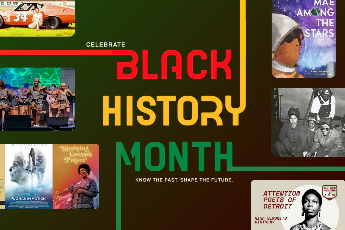 Black History Month in bold text with highlights of performances, movie screenings, and historic photos