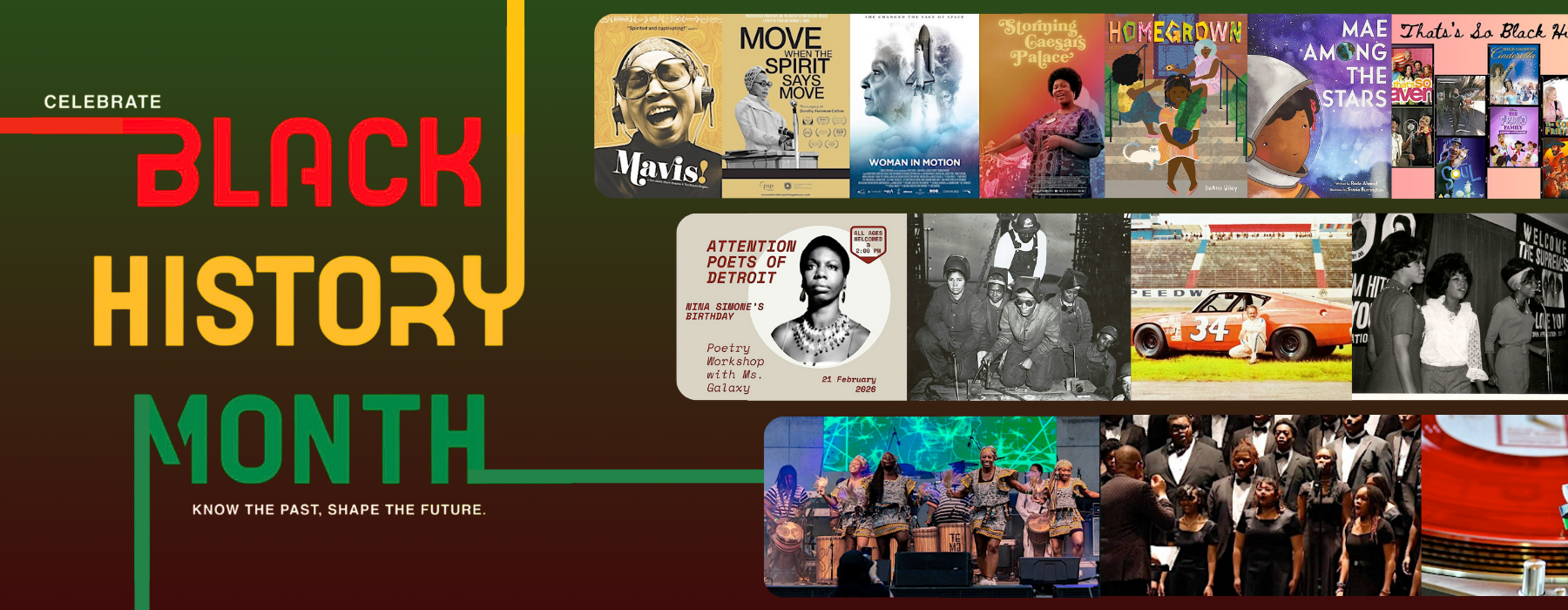 Black History Month at the library event highlights, including film screenings, storytimes, a poetry workshop, historical presentations, and more