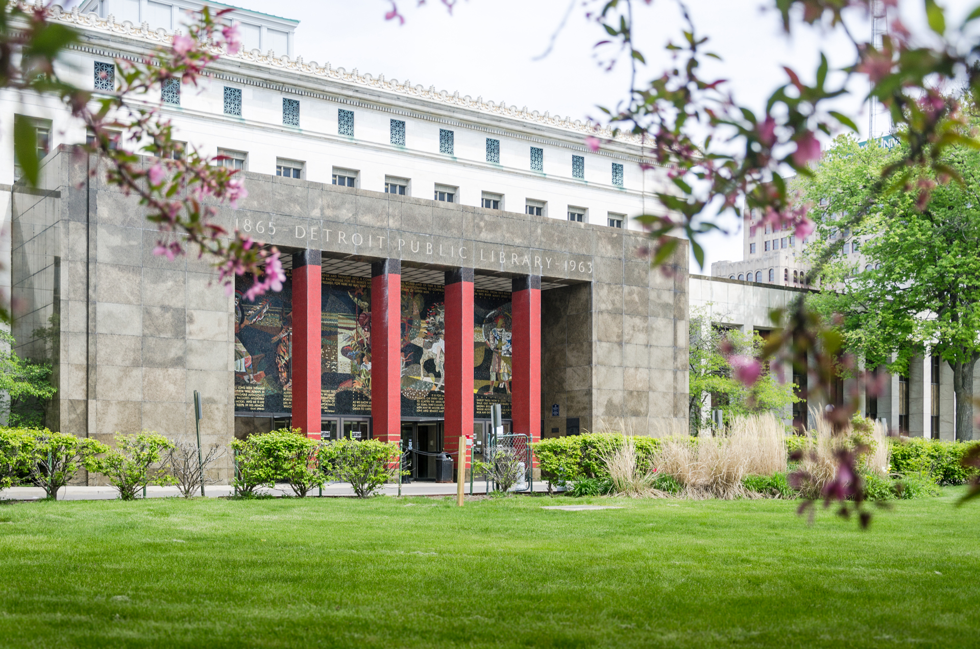 Grand view of the Main Library's Cass street entrance