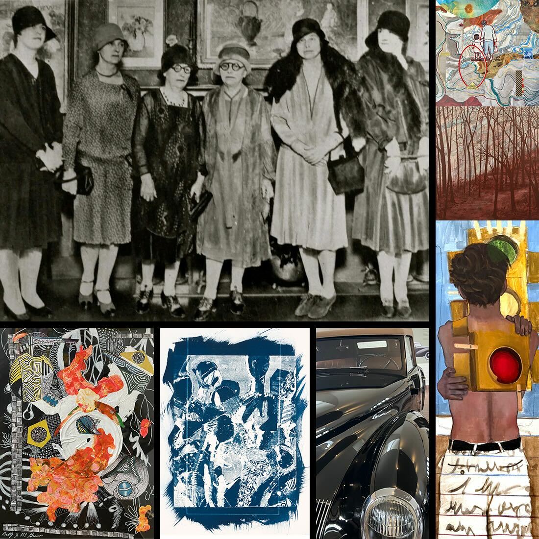 A historic early photo of six members of the Detroit Society of Women Painters and a selection of mixed media artwork