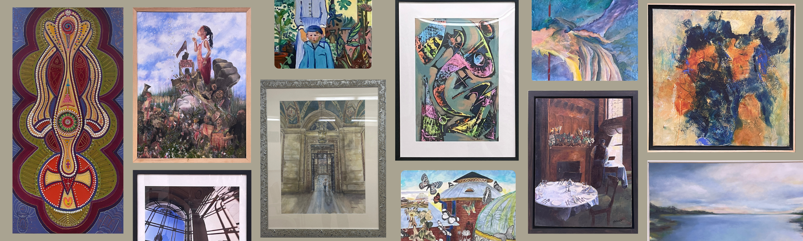 Gallery wall collage of Detroit Society of Women Painters and Sculptors pieces