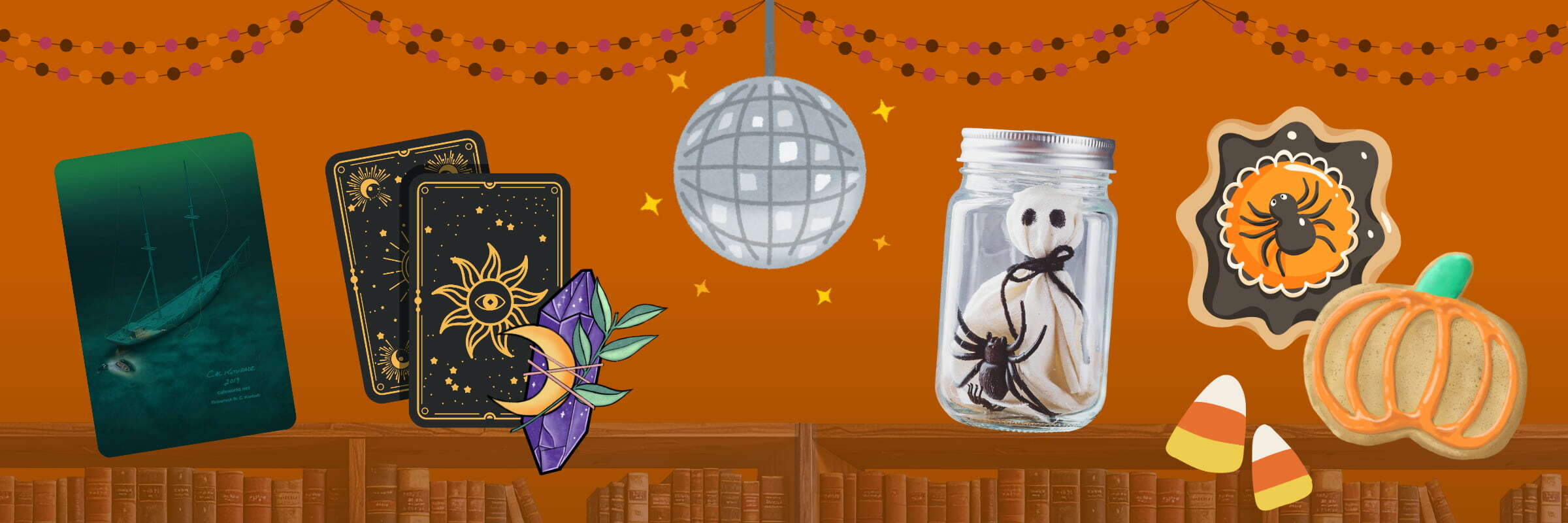 shipwreck poster, tarot cards, disco ball, ghost crafts, and cookie decorating