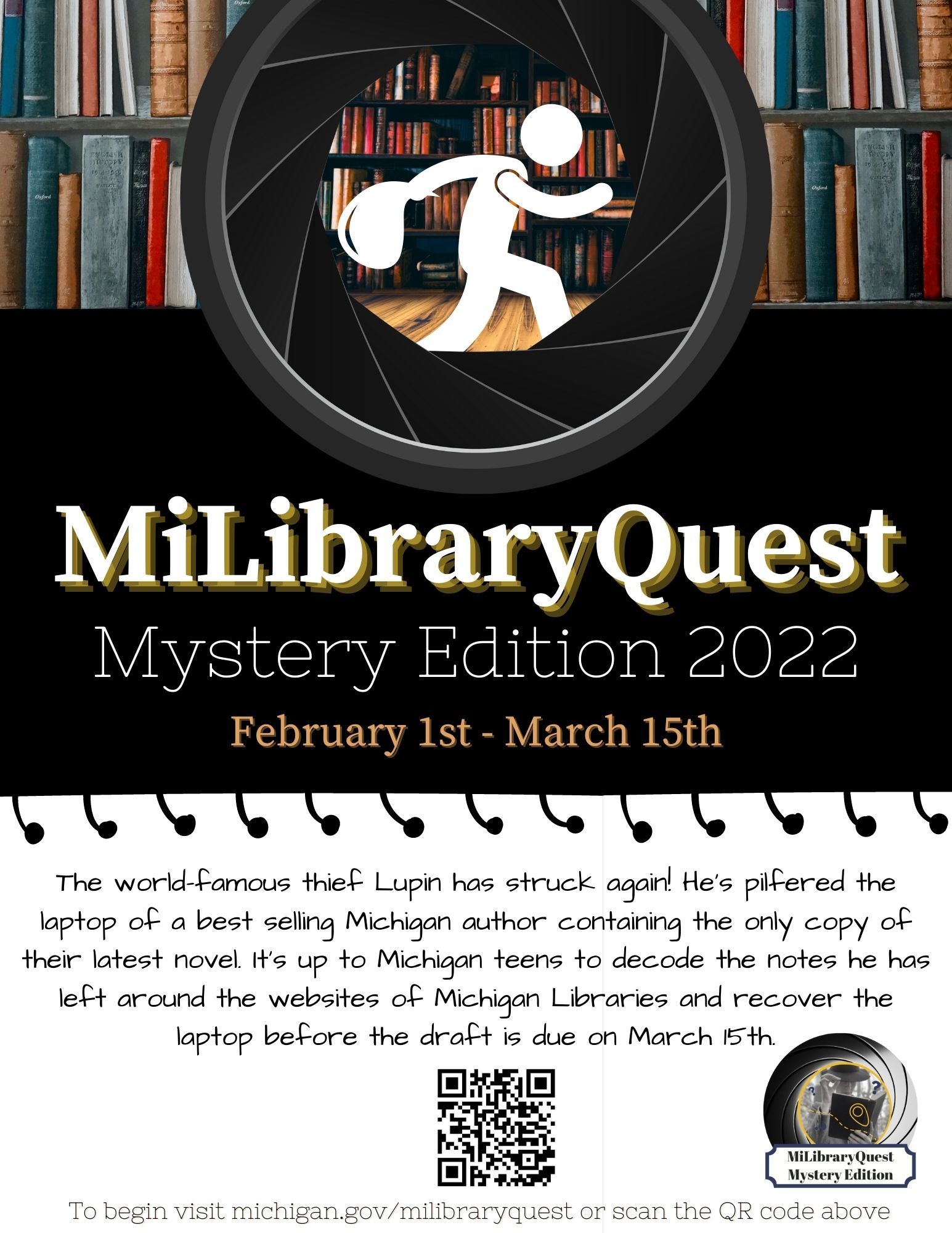 MiLibraryQuest logo with an image of a detective holding an open book, and the text MiLibraryQuest Mystery Edition