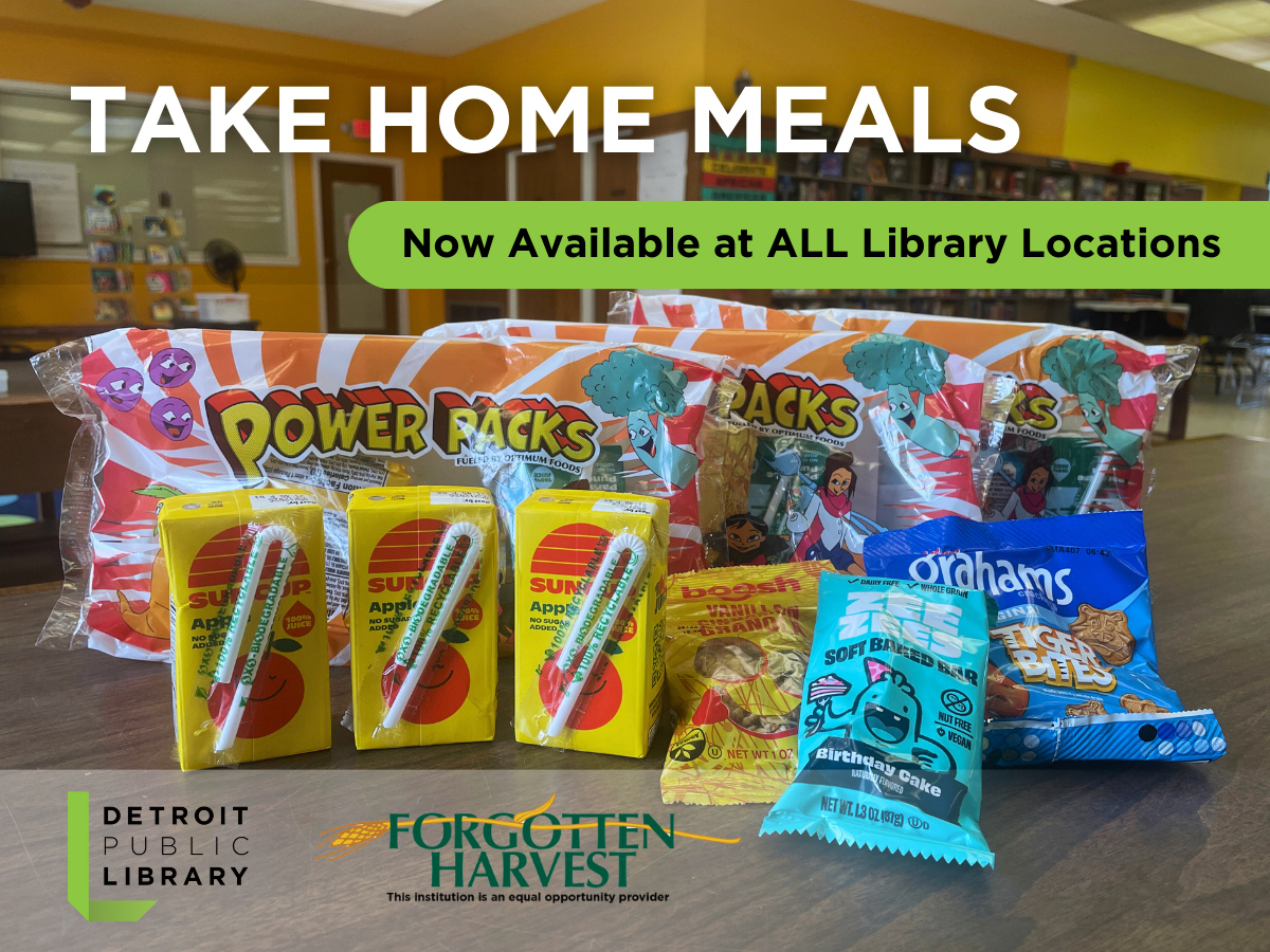 Take Home Meals now available at all library locations. The contents of one take home meal bag include 3 juice boxes, 3 breakfast snacks, and 3 "Power Pack" meals..