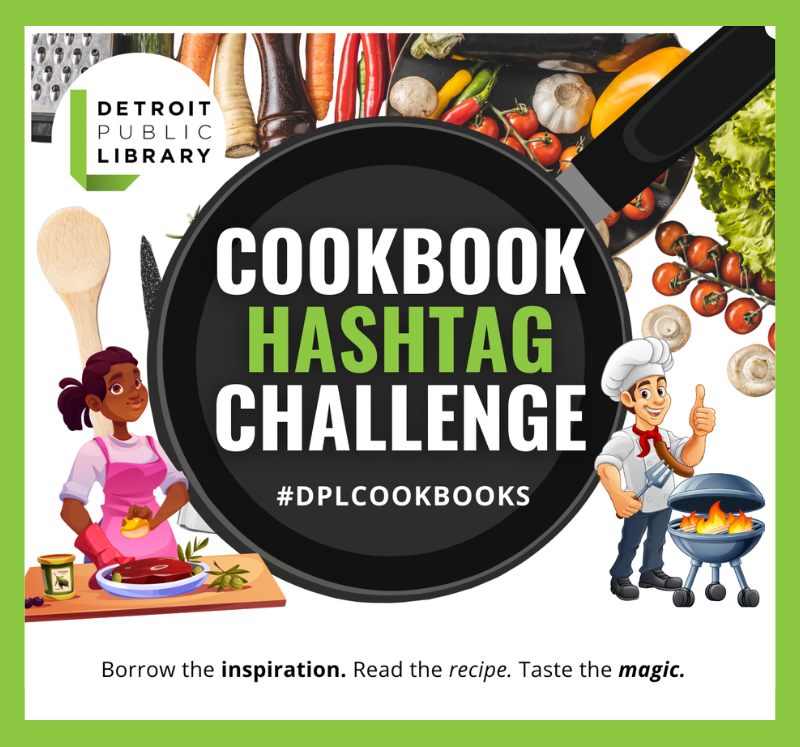 cooking themed flyer with "Cookbook Hashtag Challenge #DPLCookbooks" printed on a large frying pan