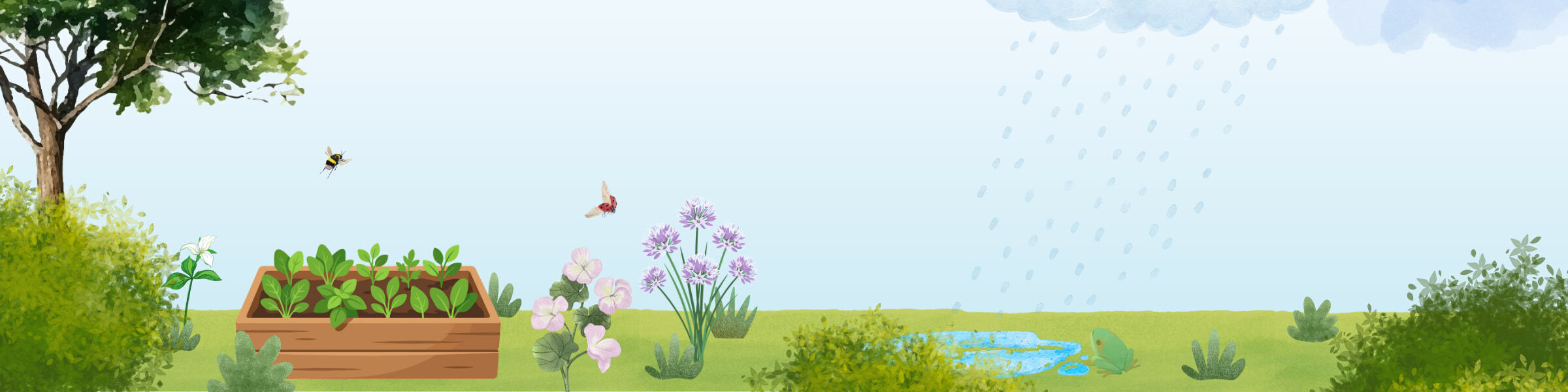 Spring scene with a garden bed, flowers, pollinators and a spring shower.