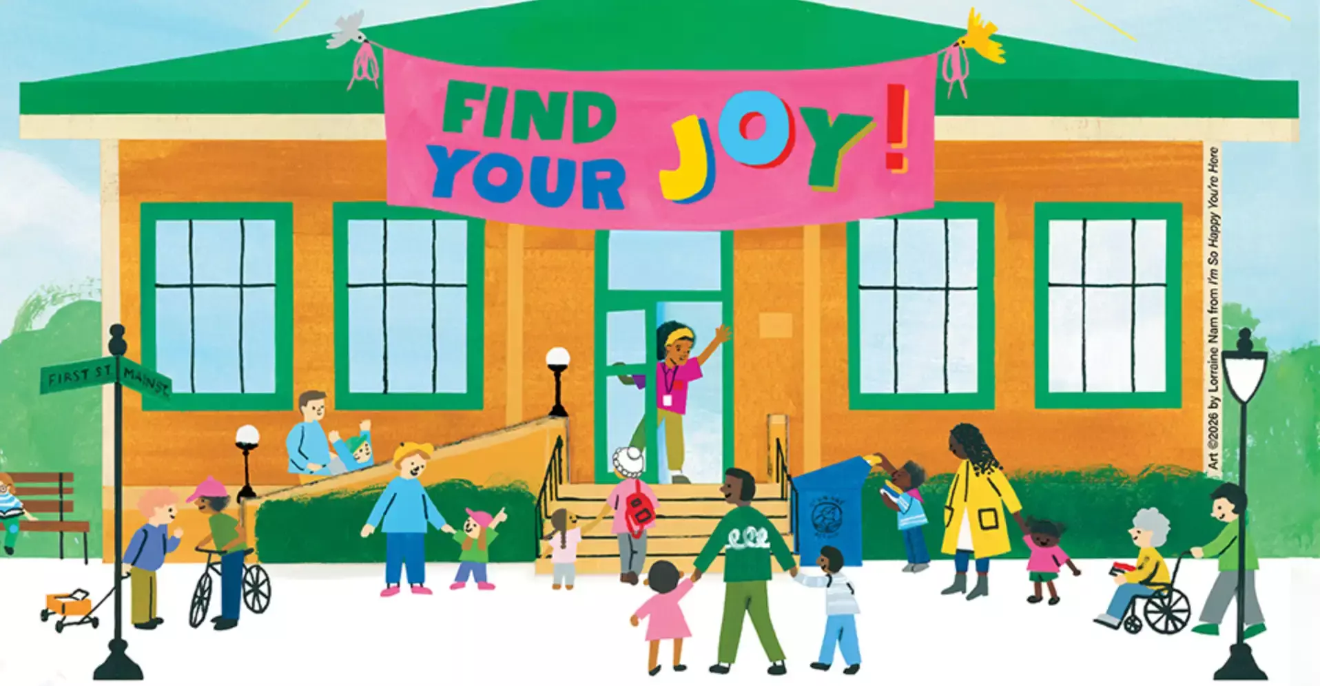 "I'm So Glad Your Here" book cover welcoming people to the library, illustrated by Lorraine Nam