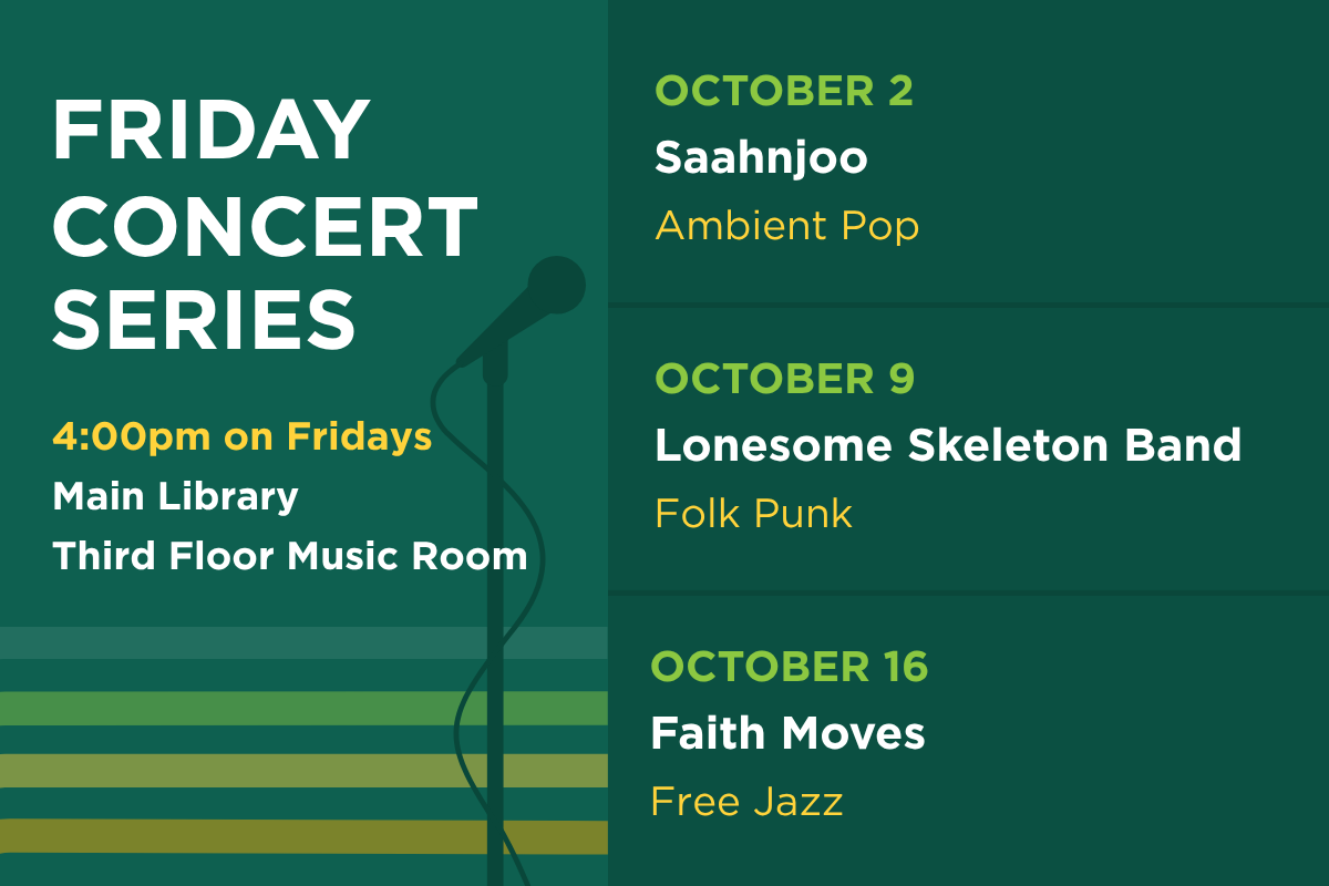 Next in the Friday Concert Series: On Oct. 2, hear Electric Otto's Funk Factory. On Oct. 9, hear Lonesome Skeleton Band. On Oct. 2, hear Saahnjoo.