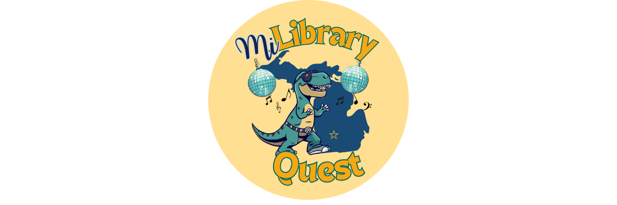 MiLibraryQuest partying dino with Michigan map