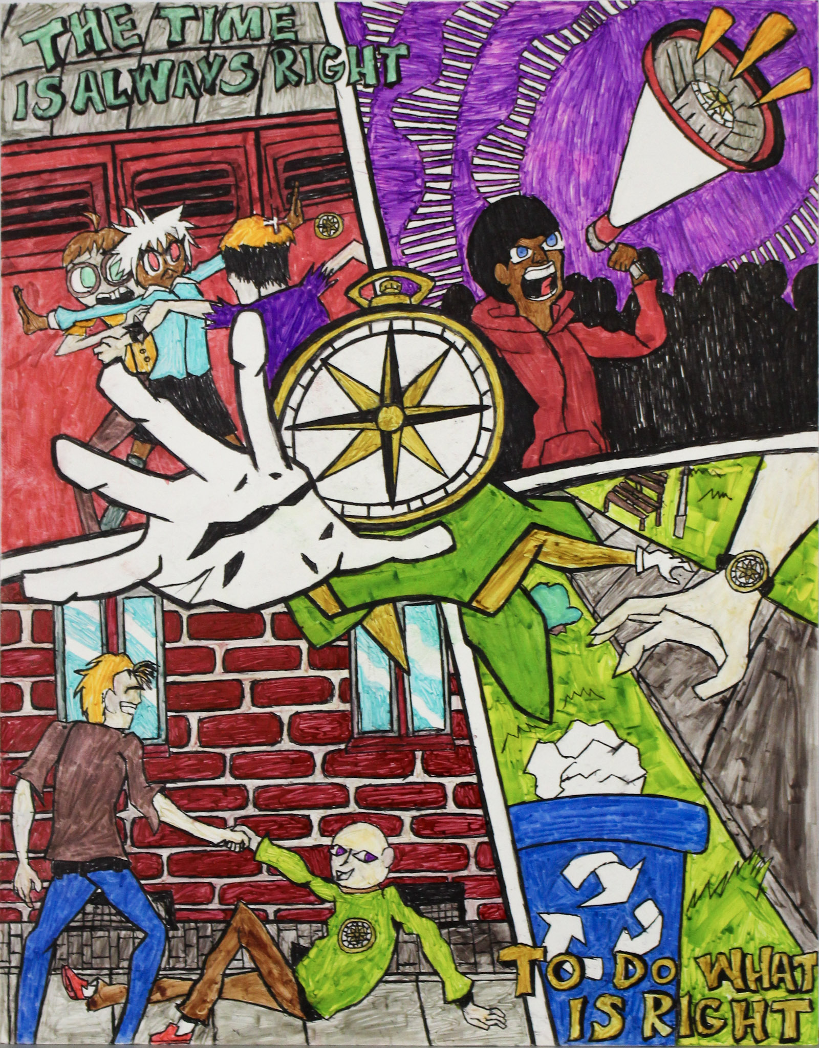 A hero with a compass for a head jumps out of a dynamic comic strip background of four scenes of people standing up for others and the earth.