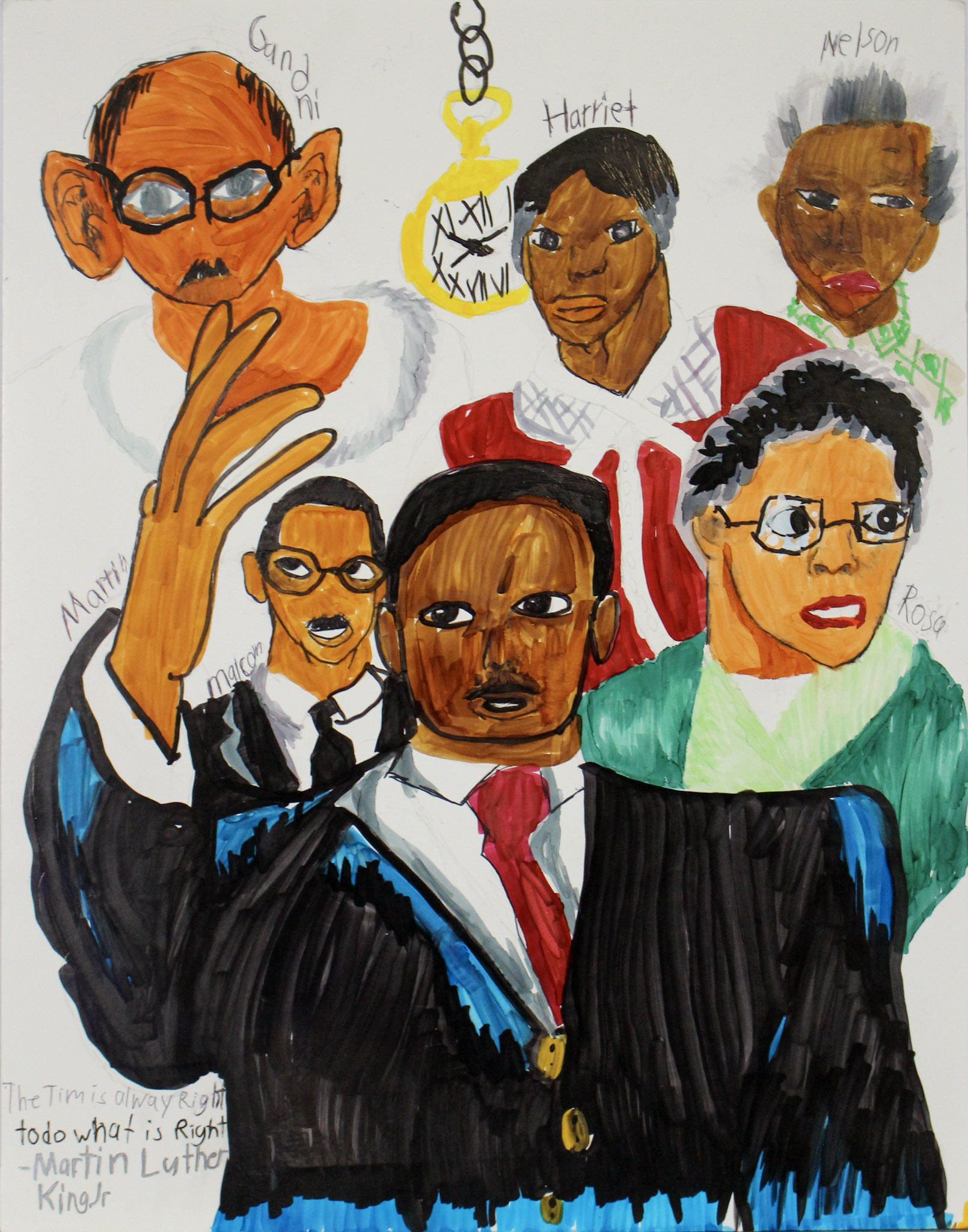 Powerful collection of portraits of activists & civil rights leaders, including MLK, Rosa Parks, Malcolm X, & more, drawn in vibrant marker