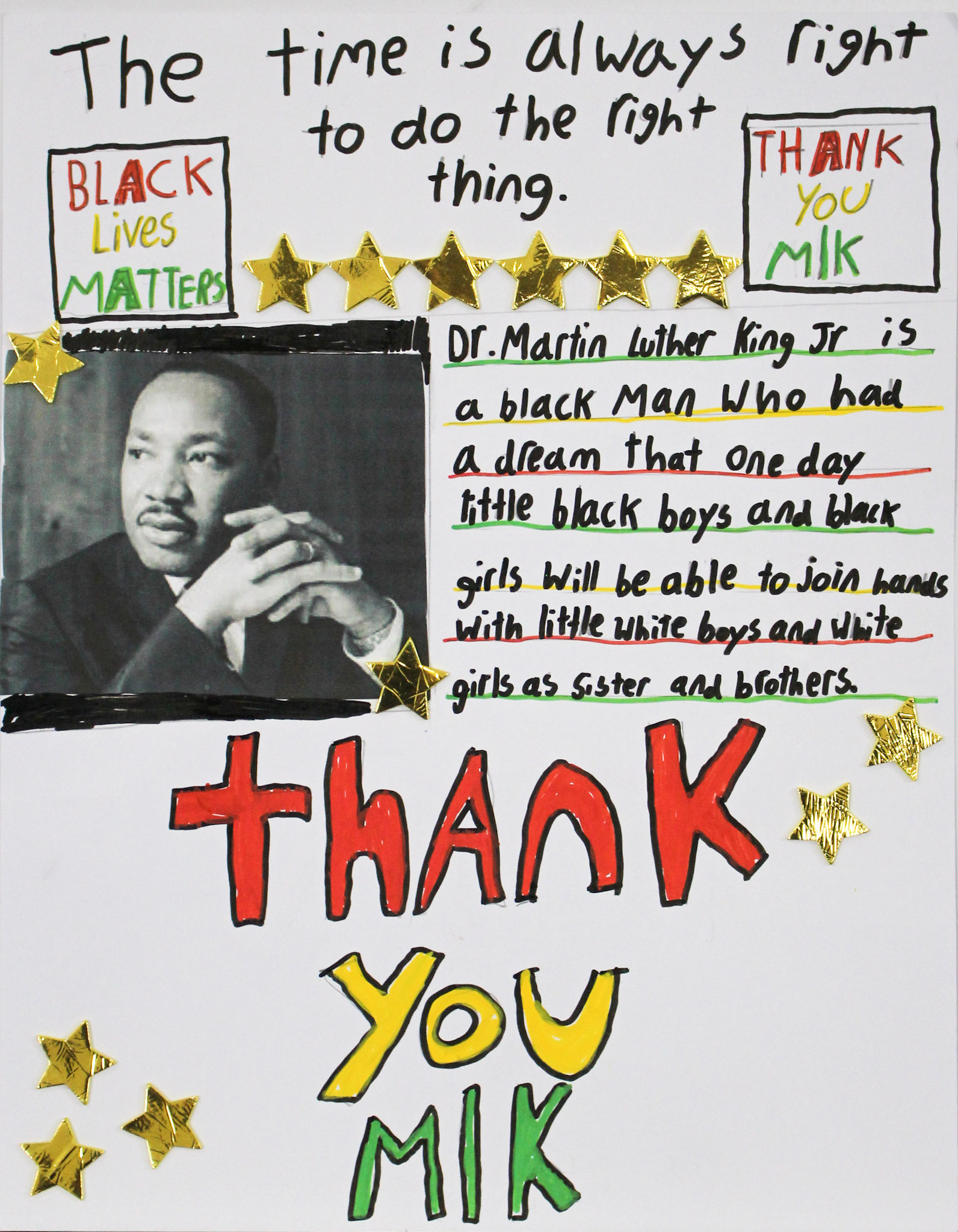 Collage with gold stars, a photo and short bio of MLK, and bold text with "Thank You MLK" and "Black Lives Matter"