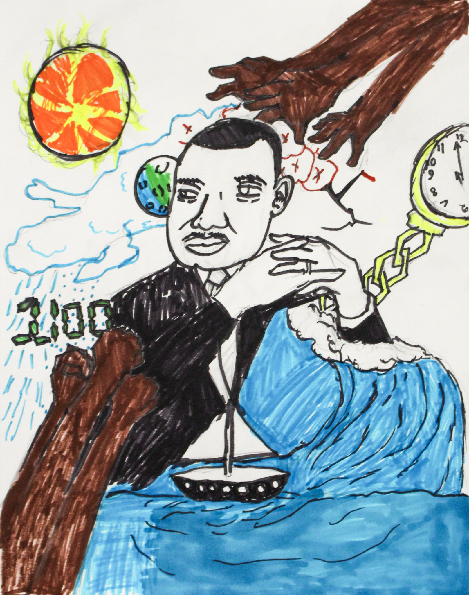 A marker portrait of MLK surrounded by various powerful elements, including fists raised in power, weather, a pocket watch, and a crashing wave