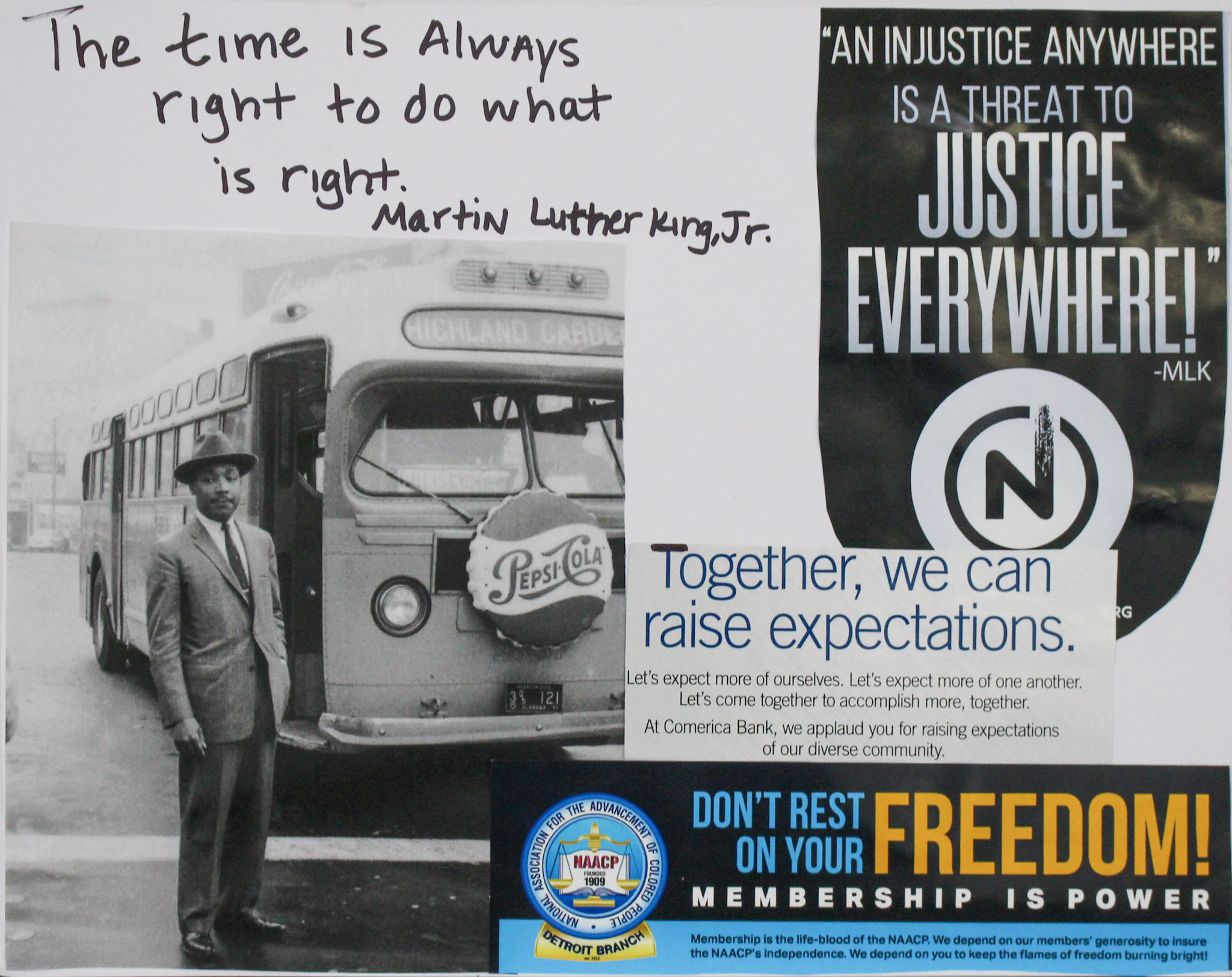 A collage of picture and magazine cutouts, including a photo of MLK from the Montgomery Bus Boycott, the quote "Injustice Anywhere is a Threat to Justice Everywhere", and a Detroit NAACP advertisement