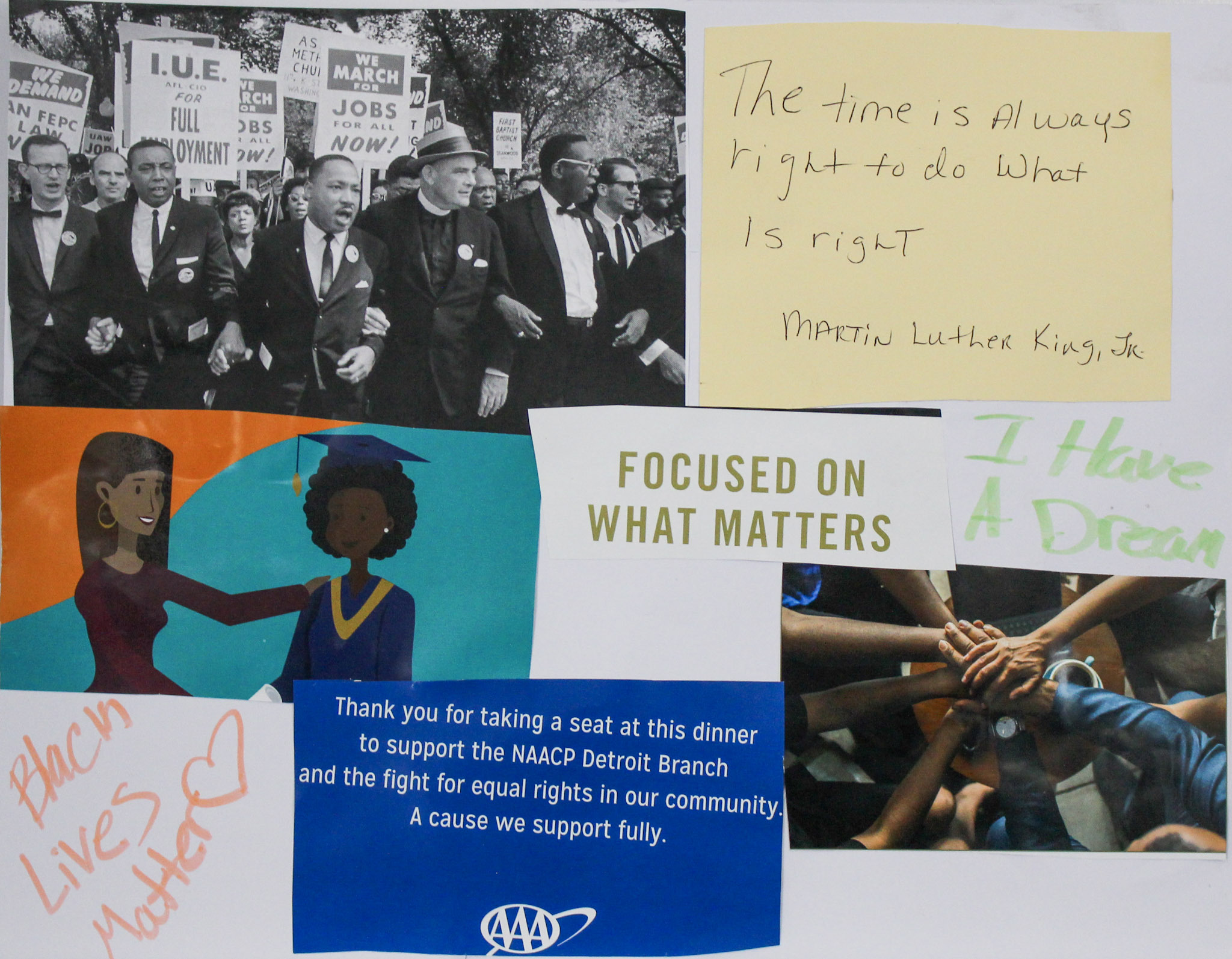 A collage of picture and magazine cutouts, including a protest photo from the March on Washington for Jobs and Freedom and "I Have A Dream" and "Black Lives Matter" written in highlighter