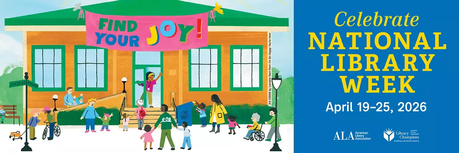"I'm So Glad Your Here" book cover welcoming people to the library, illustrated by Lorraine Nam