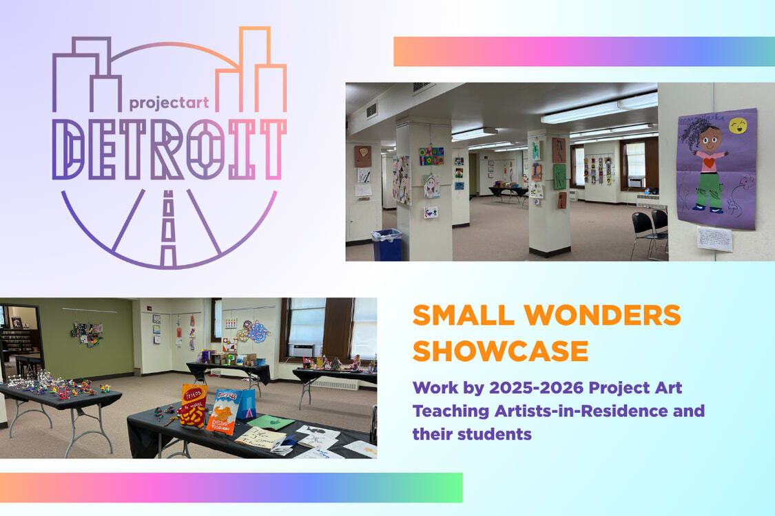 Project Art Small Wonders Showcase, children's collages, 3D sculptures, drawings displayed in the DPL Galleria.
