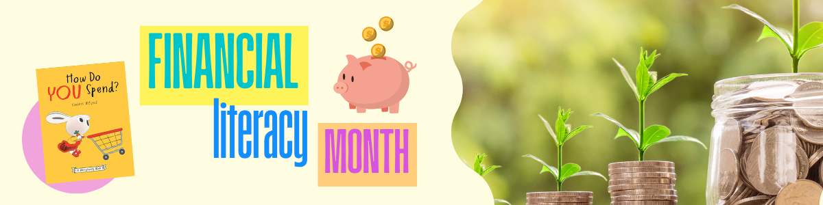 Piggy bank and "growing" money, cover of "How Do You Spend," a children's Moneybunny book.